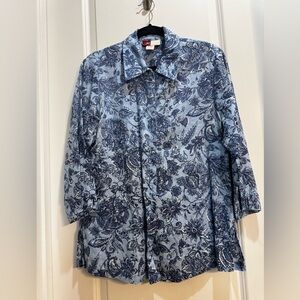JM Collection Blue Floral Button down Shirt Sz 10 100% Linen 3/4 Sleeve Collared